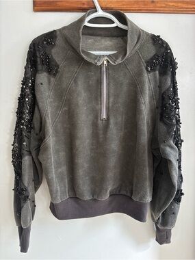 Bead Embellished Quarter-Zip Sweatshirt - charcoal
